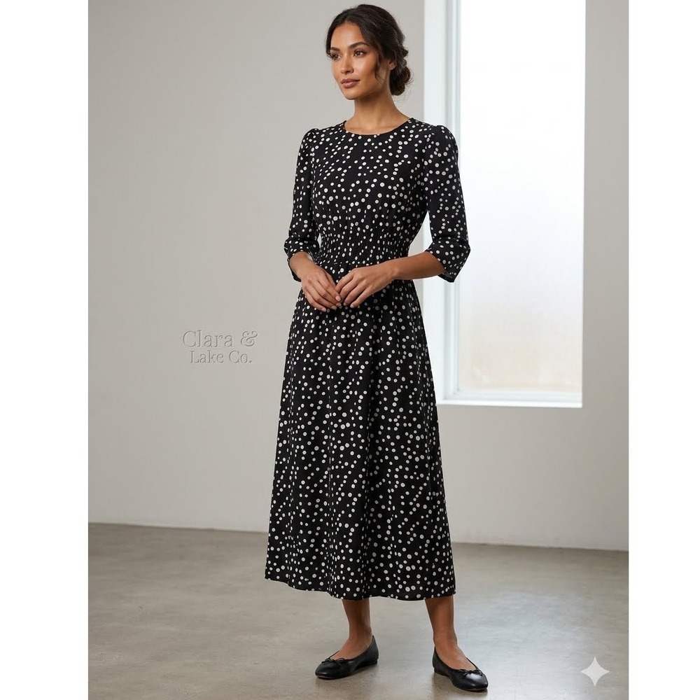 Hayden Los Angeles Black Polka Dot Smocked Waist Midi Dress NWT Retro Vacation